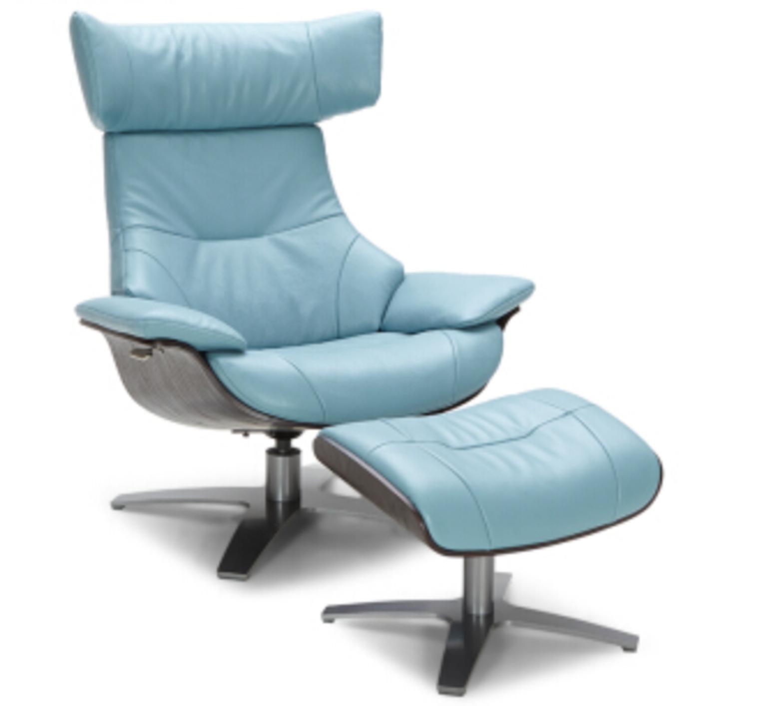 Blue Leather Swivel Armchair Footstool, Light Blue Leather Chair