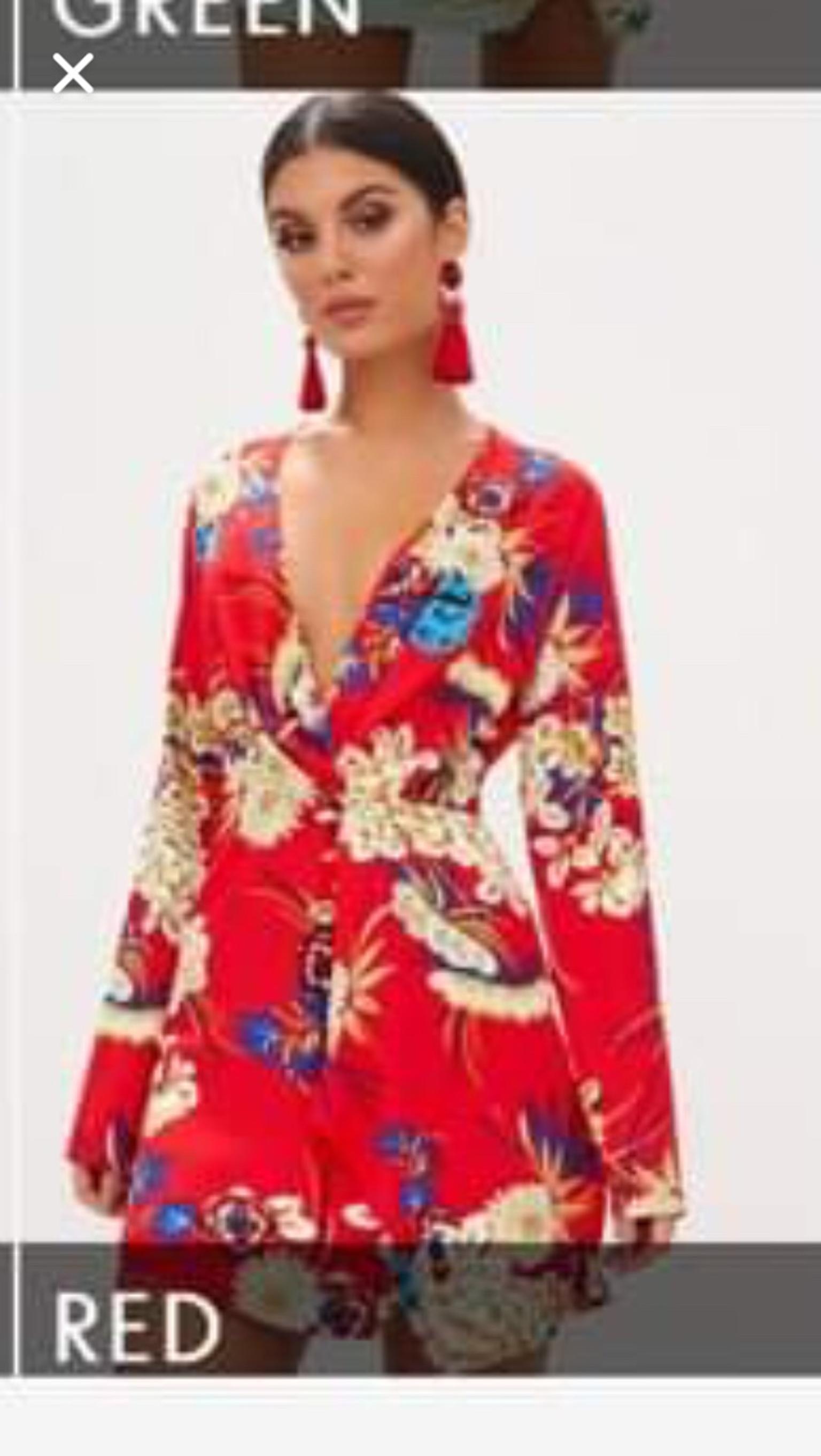 BOOHOO Red oriental print wrap dress ...