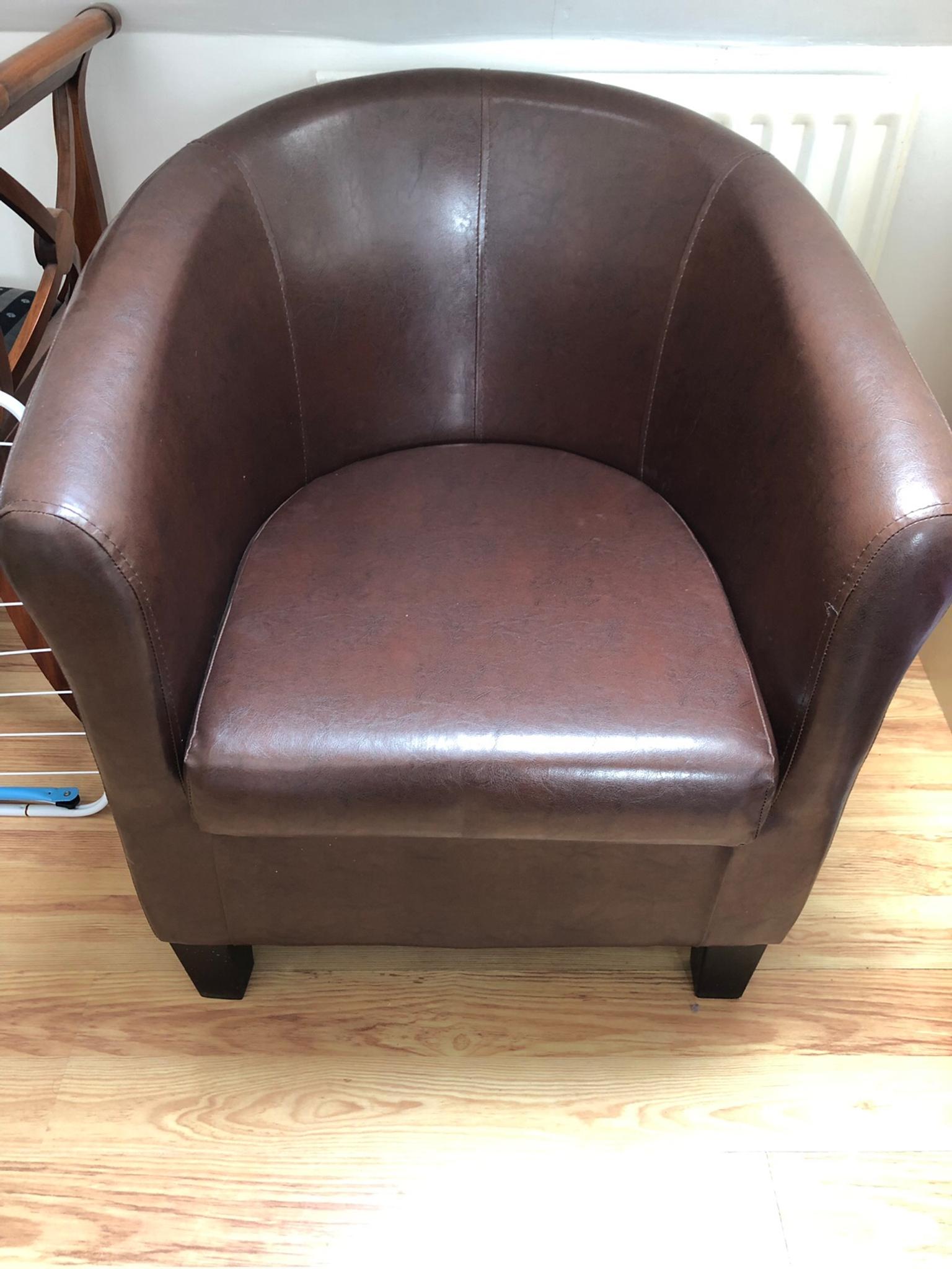 Brown Faux Leather Tub Chair In Rg24, Dark Brown Leather Tub Chair