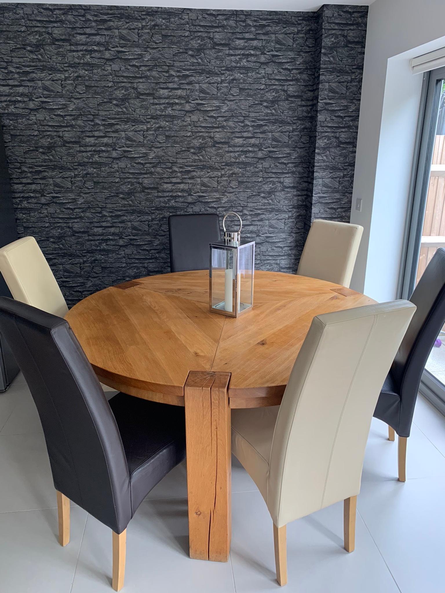Solid Oak Dining Table And Six Leather, Round Dining Table And Six Chairs