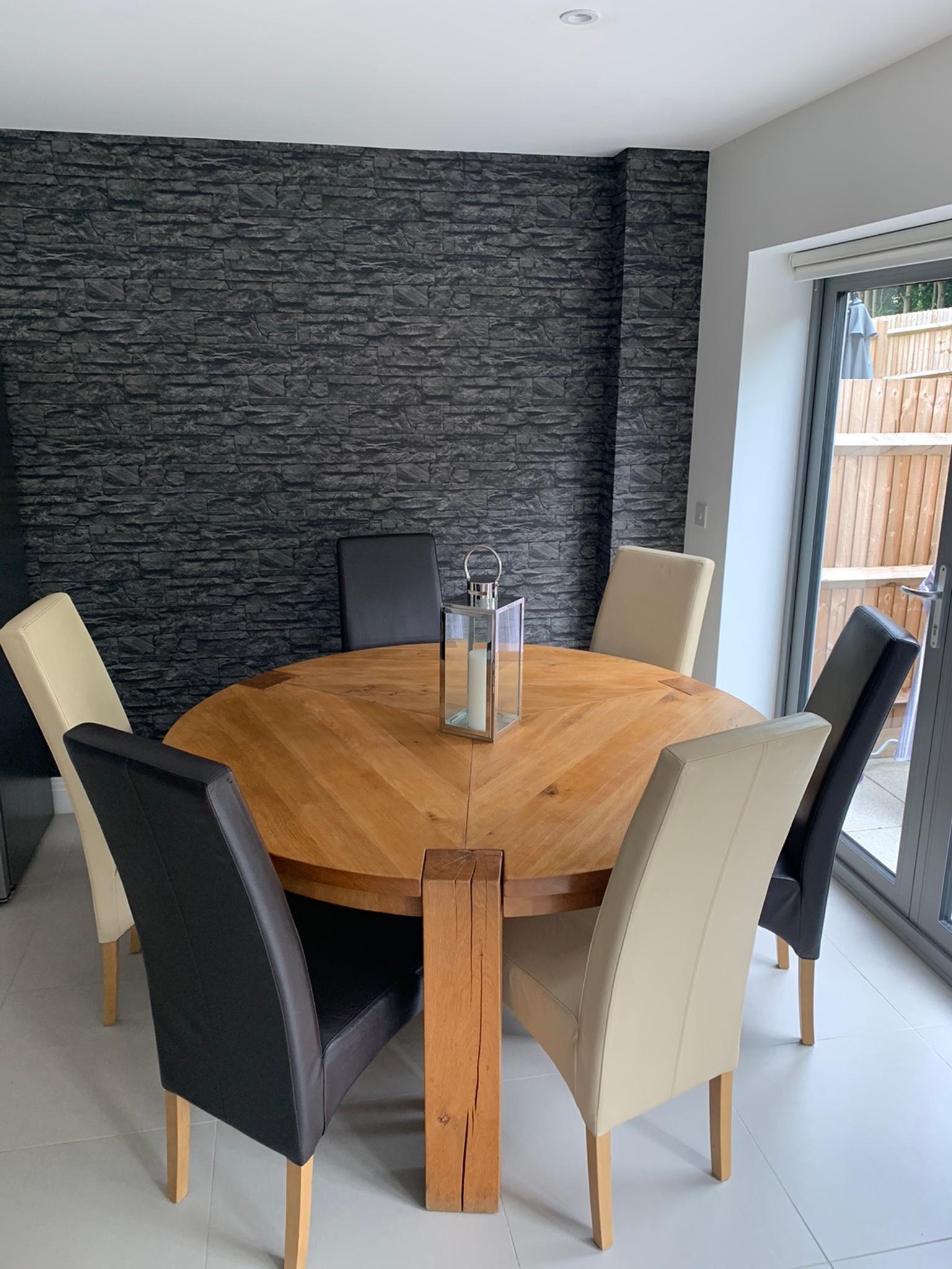 Solid Oak Dining Table And Six Leather, Round Dining Table With Leather Seats