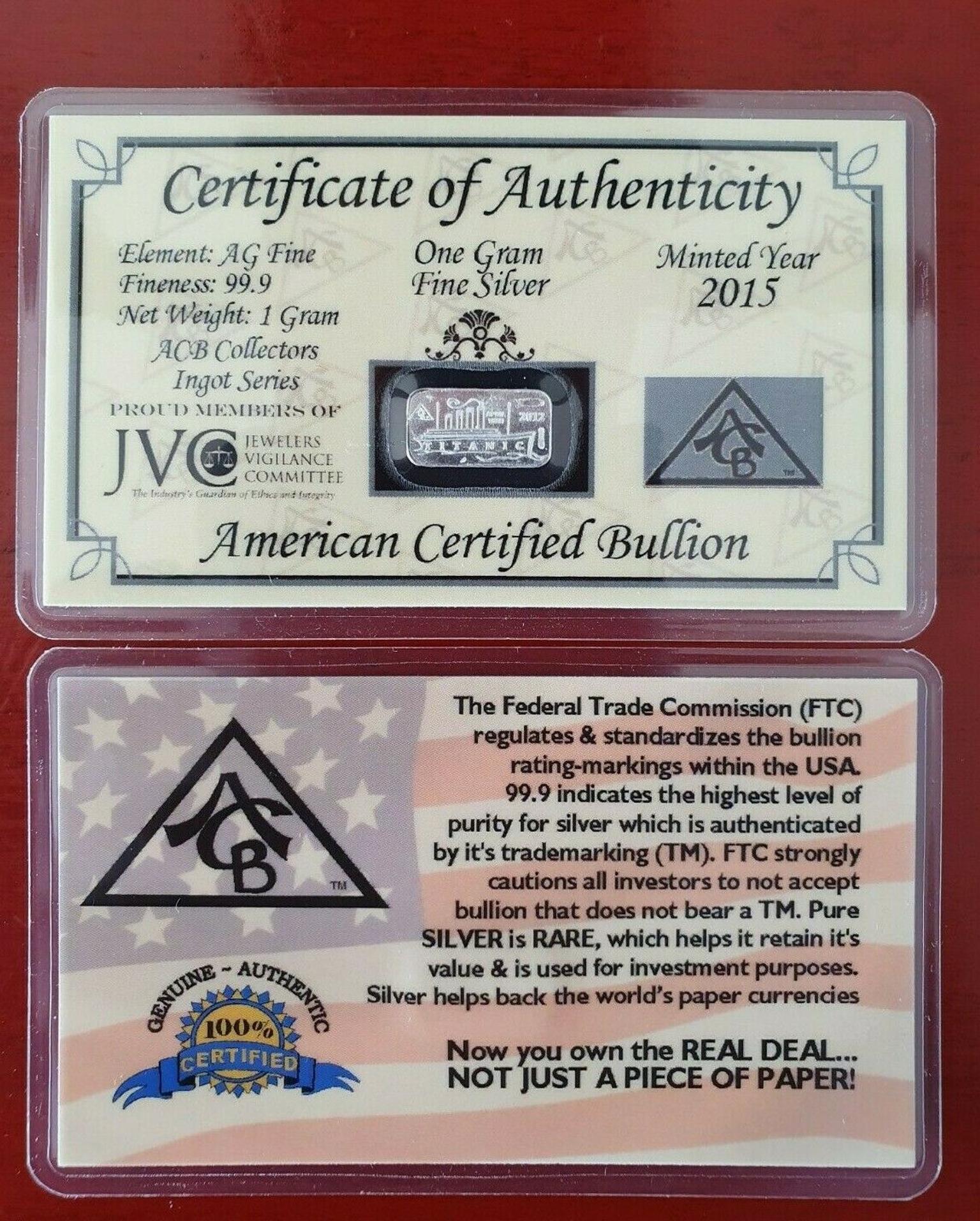 x5 of ACB Silver 1 Gram AG Bar 99.9 Fine > Certificate Authenticity Great Gift ! 
